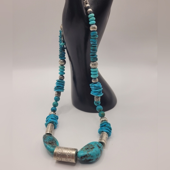 Genuine Turquoise and Silver Beaded Necklace Adjustable Length. OS - Picture 2 of 6